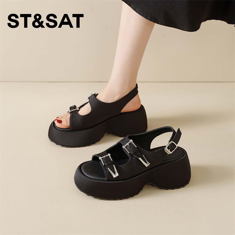 星期六厚底凉鞋女新款夏季透气小个子增高一字扣百搭露趾沙滩鞋子