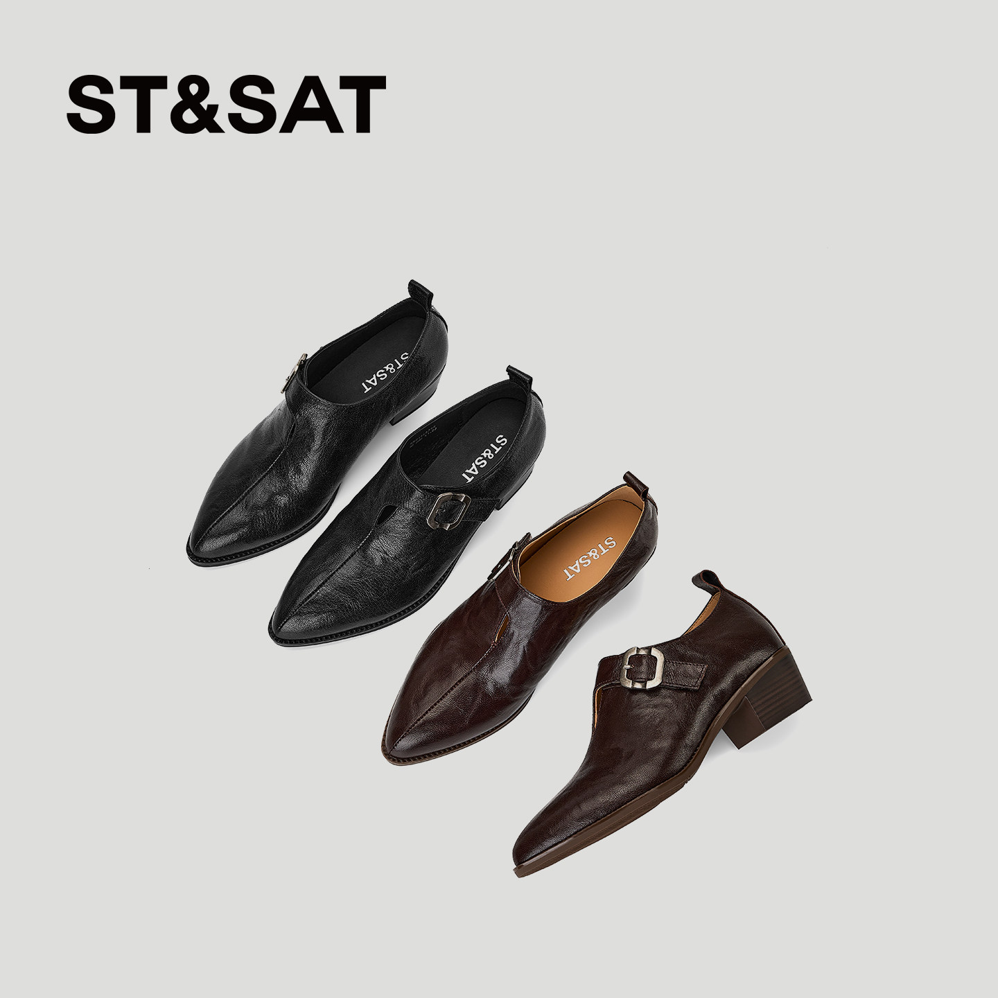 星期六复古英伦风真皮尖头乐福鞋女粗跟低跟金属扣通勤深口单鞋,女鞋,深口单鞋,淘宝优惠券,粉丝福利购,淘宝优惠卷