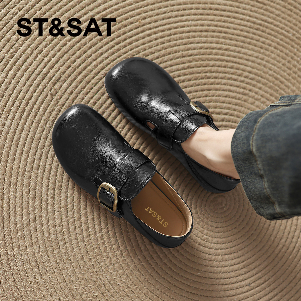 星期六真皮勃肯鞋女2025新款平跟软底女鞋秋季时尚单鞋黑色乐福鞋