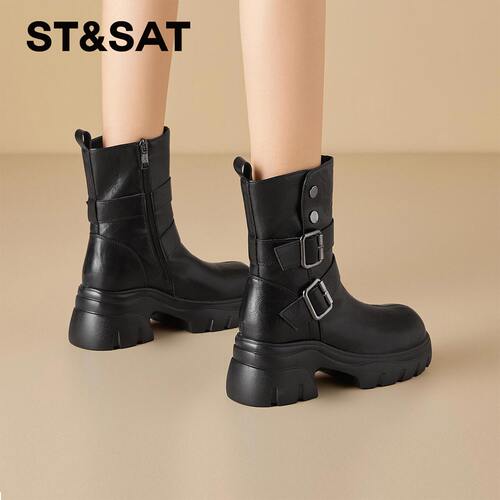 星期六冬酷感机车短靴女双金属扣厚粗跟侧拉链显瘦女靴SSF411SP15