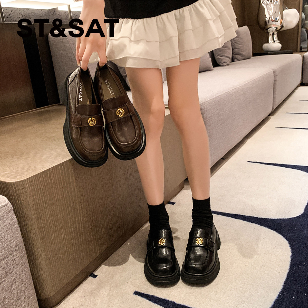 星期六山茶花乐福鞋女厚底女鞋黑色单鞋女款增高小皮鞋真皮鞋子女