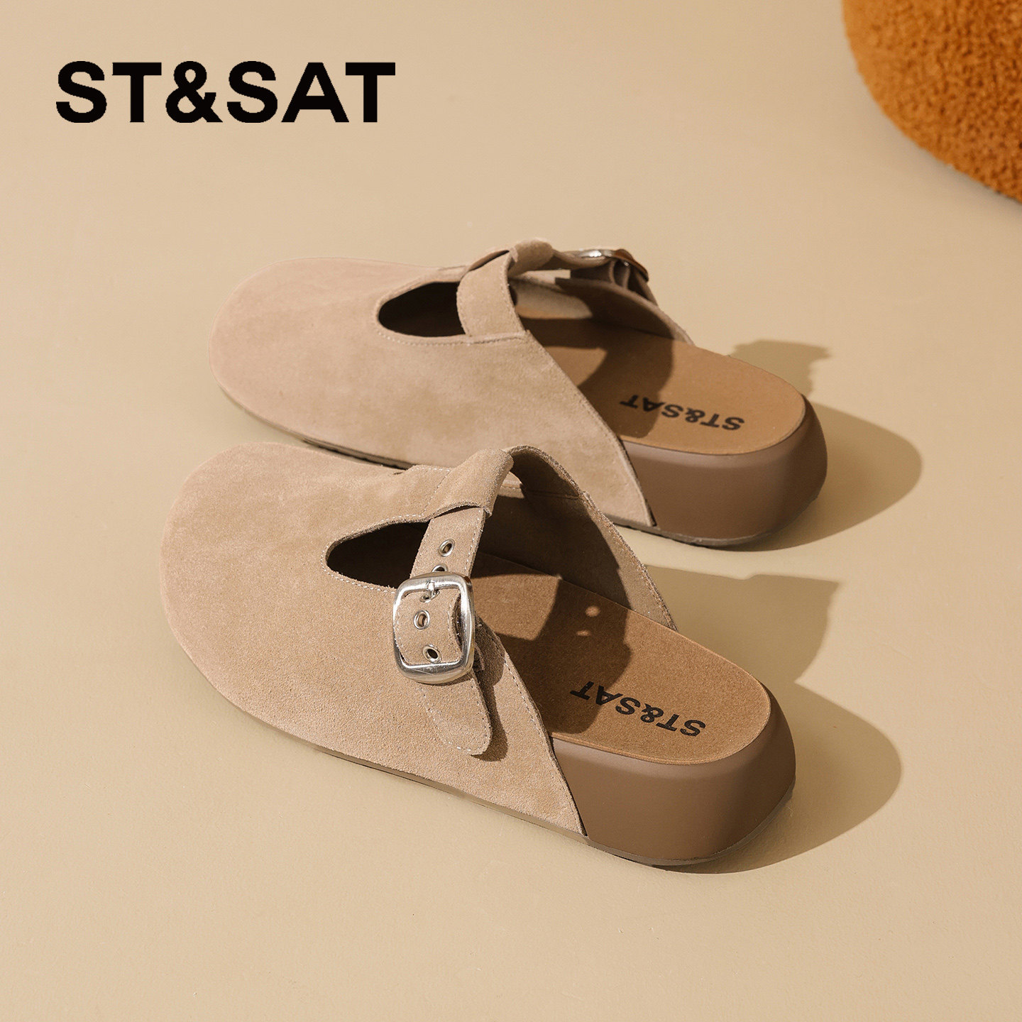 星期六包头半拖鞋女2026春季新款百搭通勤懒人鞋休闲风厚底勃肯鞋