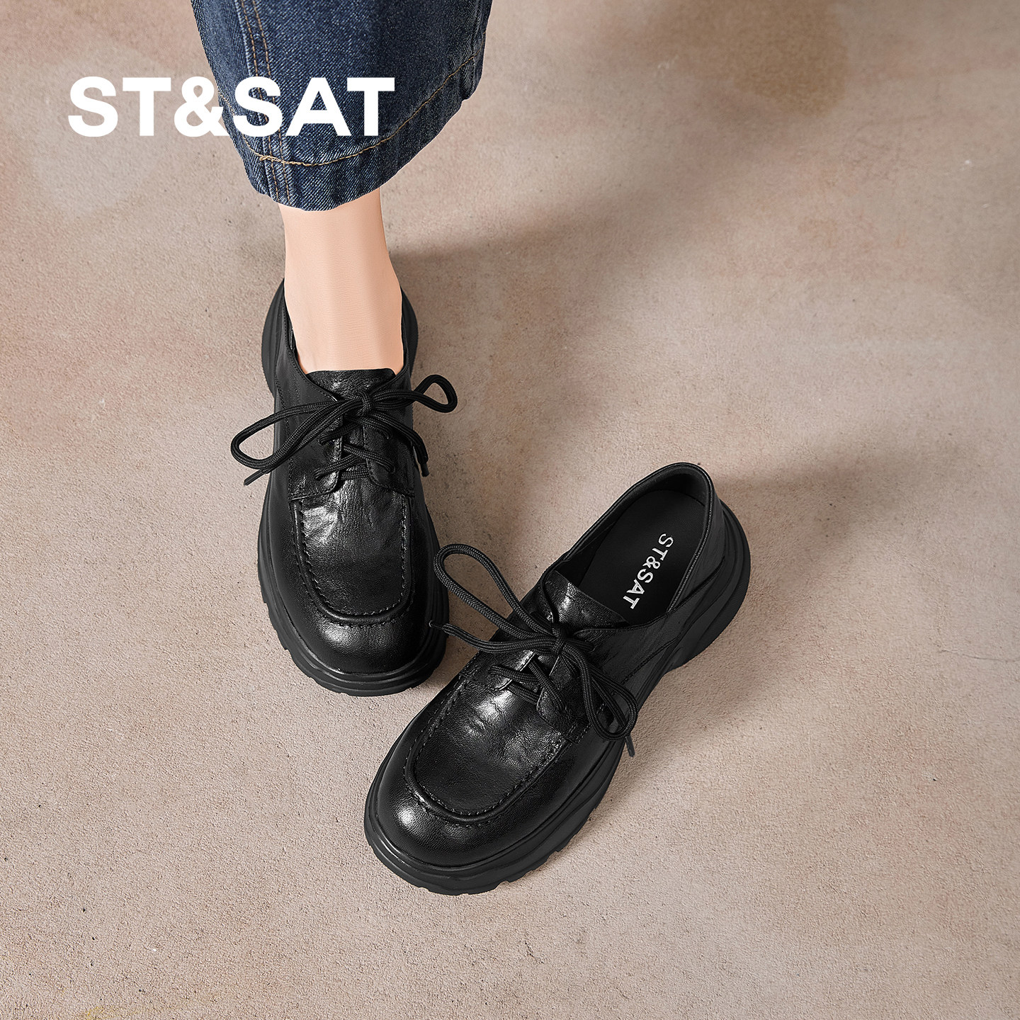 星期六真皮小皮鞋女英伦风系带乐福鞋女春黑色厚底休闲鞋通勤单鞋