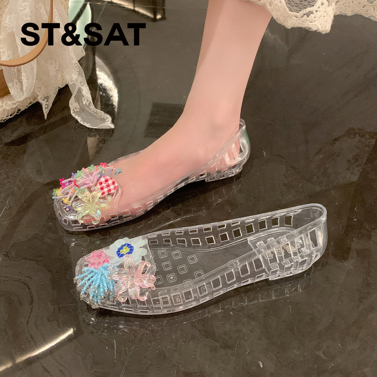 星期六甜美风软底果冻水晶鞋女款