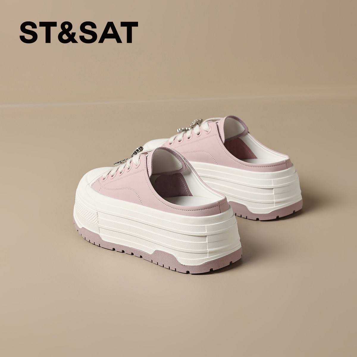 星期六厚底小白鞋包头半拖鞋女款2025新款夏季小个子增高休闲板鞋