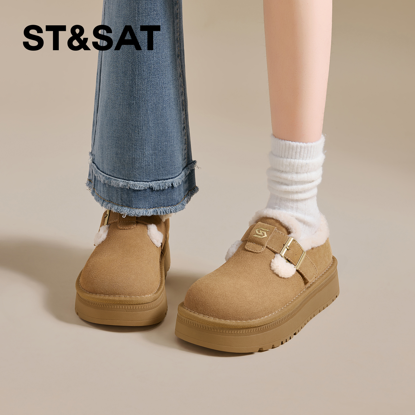 星期六加绒勃肯鞋女2025新款冬季全包厚底东北毛绒棉鞋百搭雪地靴