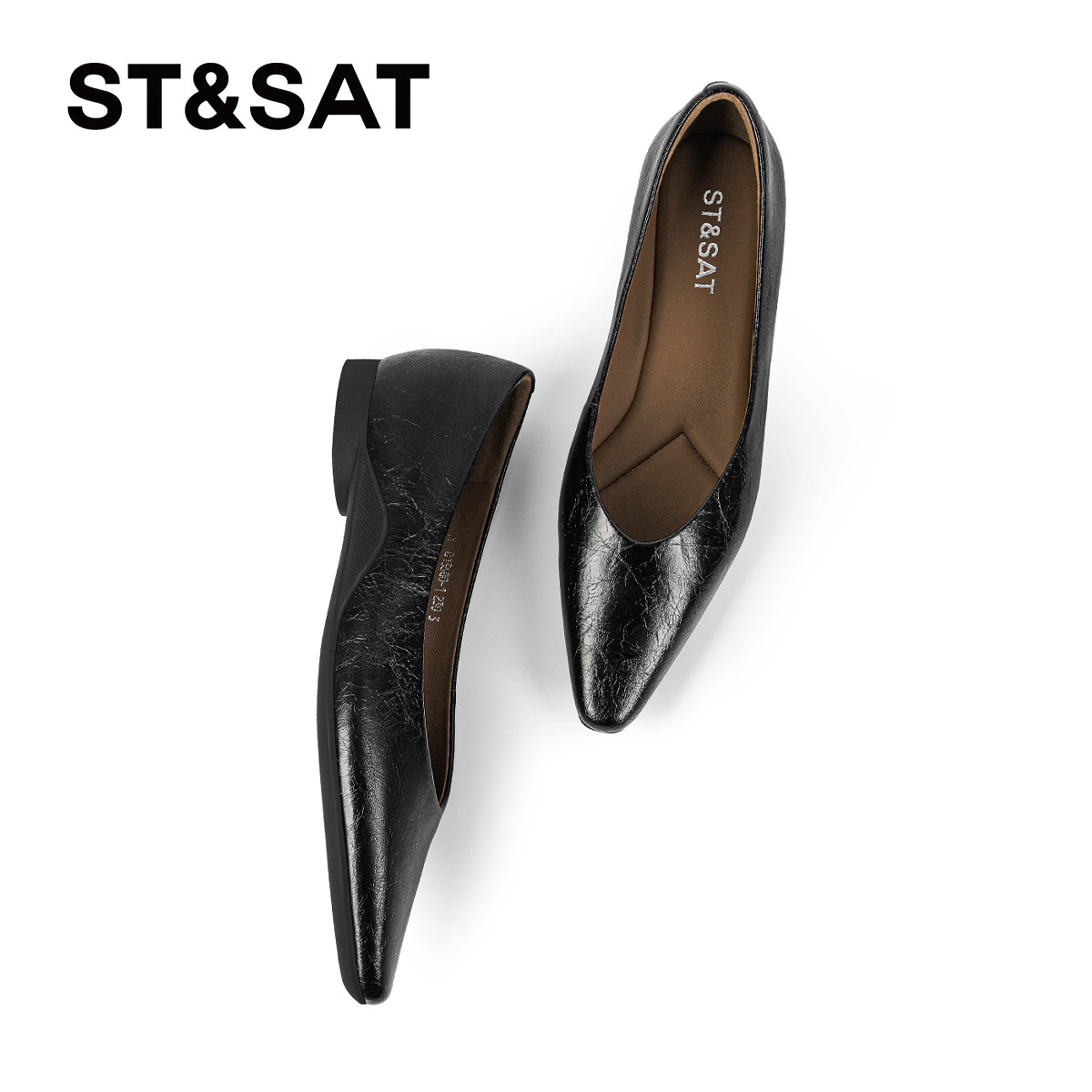 星期六法式单鞋女2025年尖头浅口平底鞋舒适软皮一脚蹬黑色工作鞋