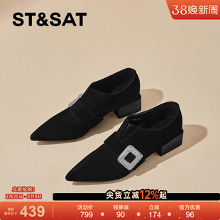 星期六复古风真皮黑色深口单鞋女2026春季新款尖头方跟粗跟通勤鞋