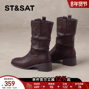 星期六棕色加绒短靴女款2025新款冬季保暖复古堆堆靴真皮中筒靴女