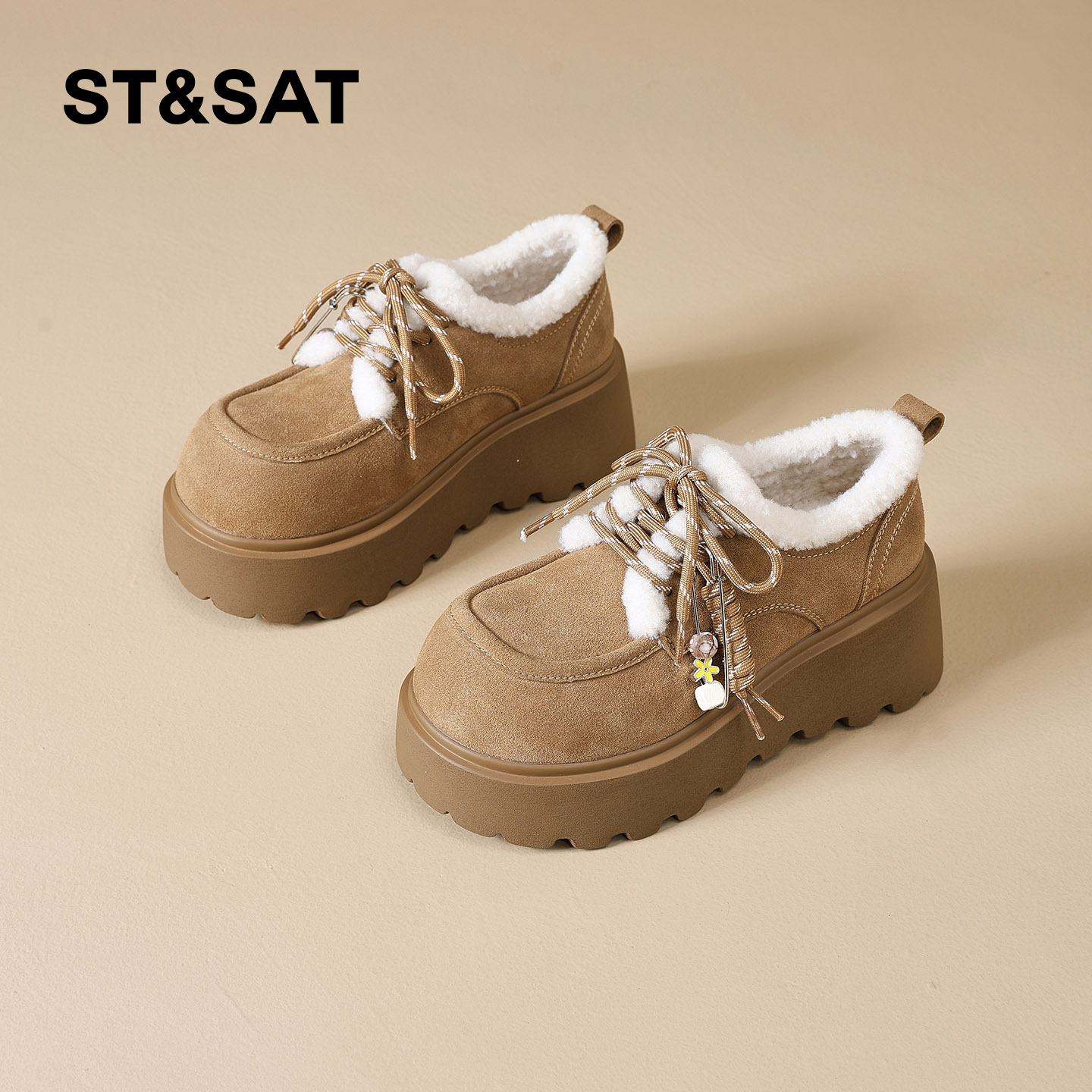 星期六厚底勃肯鞋女冬季加绒2025新款复古串珠保暖毛毛鞋休闲棉鞋