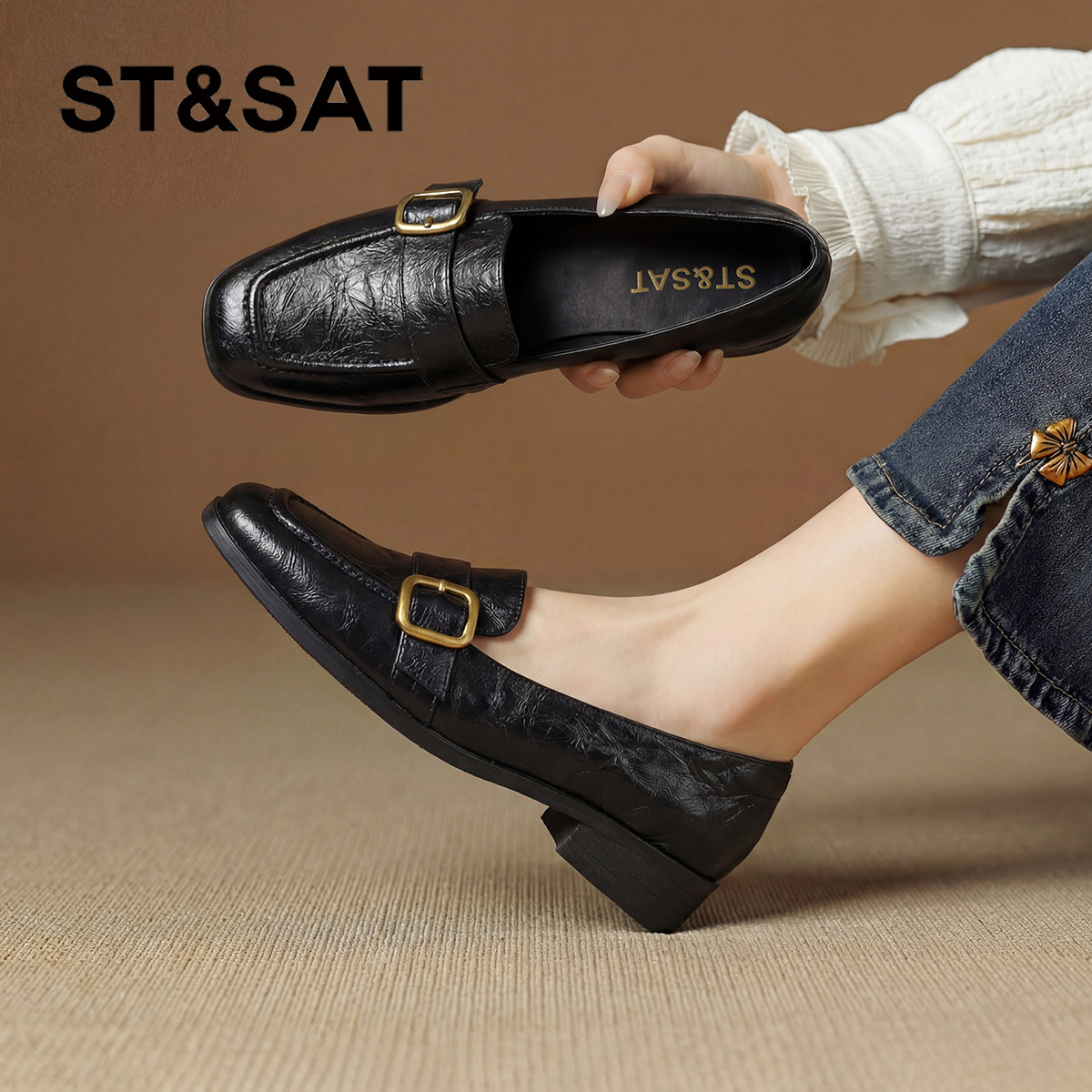 星期六真皮单鞋女款2026新款春季英伦风方头小皮鞋软底黑色乐福鞋