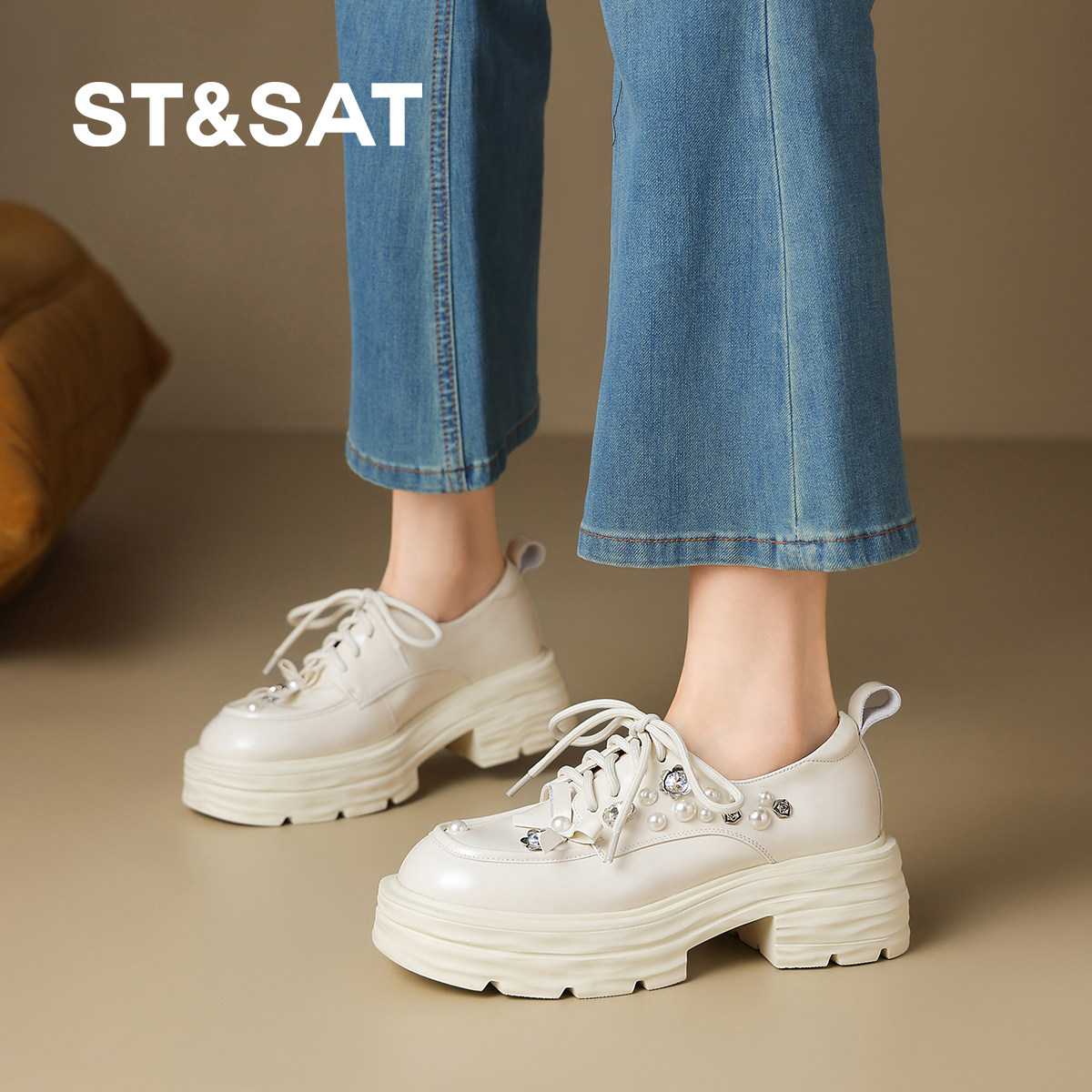 星期六水钻珍珠厚底增高jk乐福牛津鞋女配裙子秋季新款通勤小皮鞋