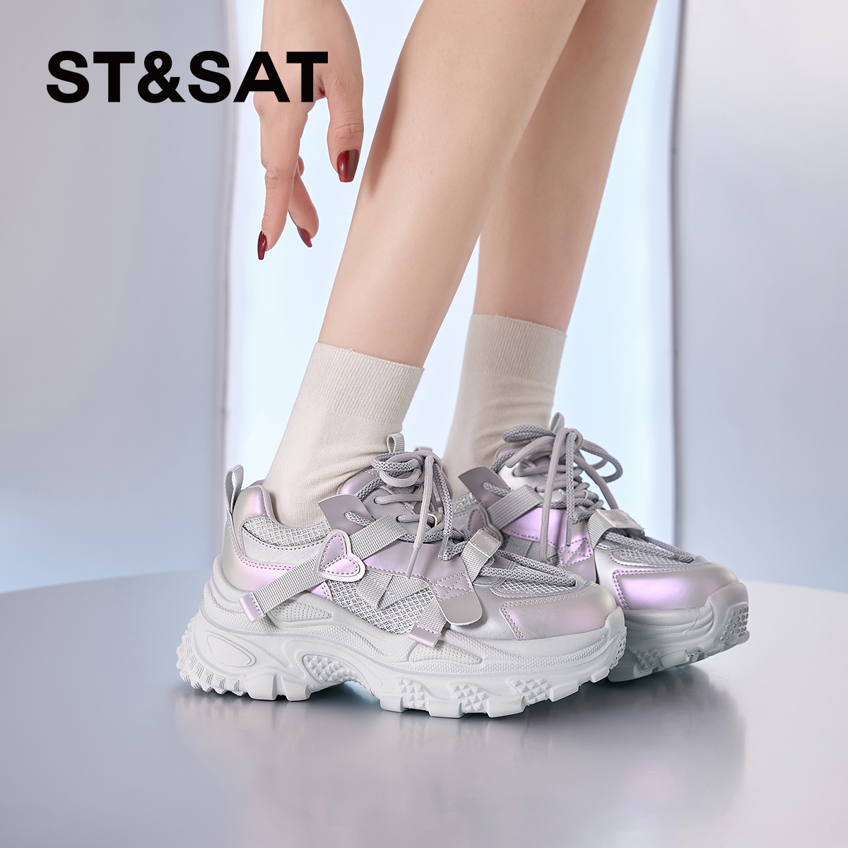 星期六厚底老爹鞋女2025年夏季新款增高休闲运动百搭水钻透气网面