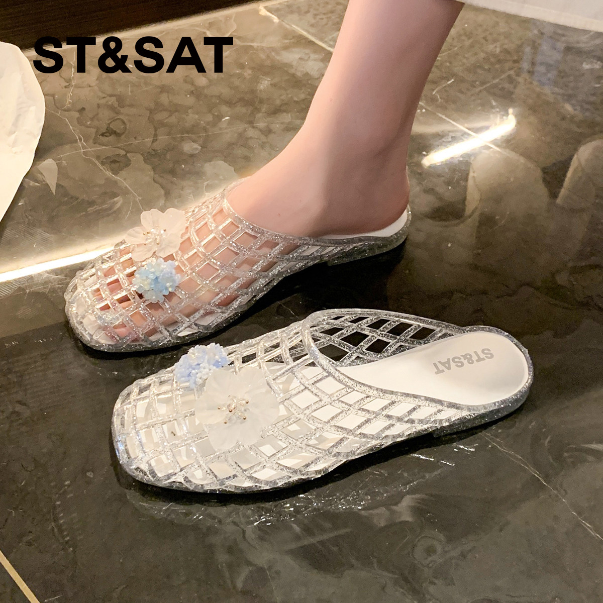 星期六仙女风镂空水晶果冻鞋女2026夏季新款百搭气质单鞋罗马凉鞋