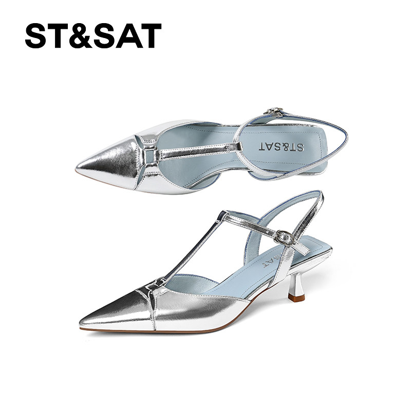 星期六银色尖头细跟包头凉鞋女2025夏季新款一字带不累脚高跟鞋