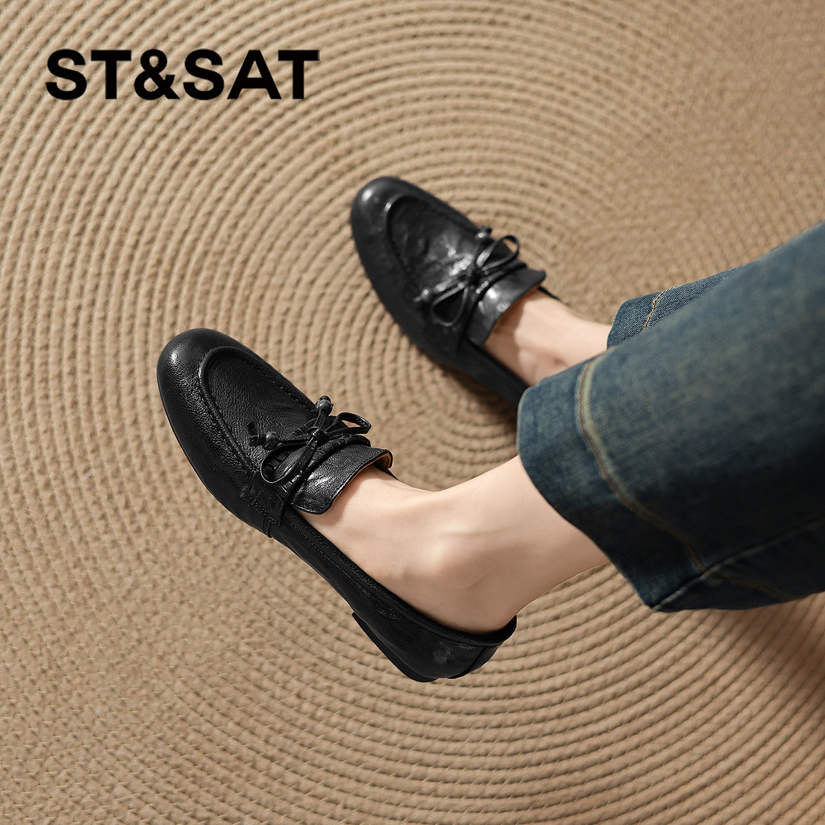 星期六羊皮乐福鞋女款2026新款春季通勤平底小皮鞋豆豆鞋真皮单鞋