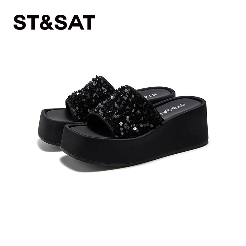 星期六厚底一字拖鞋女夏外穿新款配裙子亮片高跟凉拖鞋海边沙滩鞋