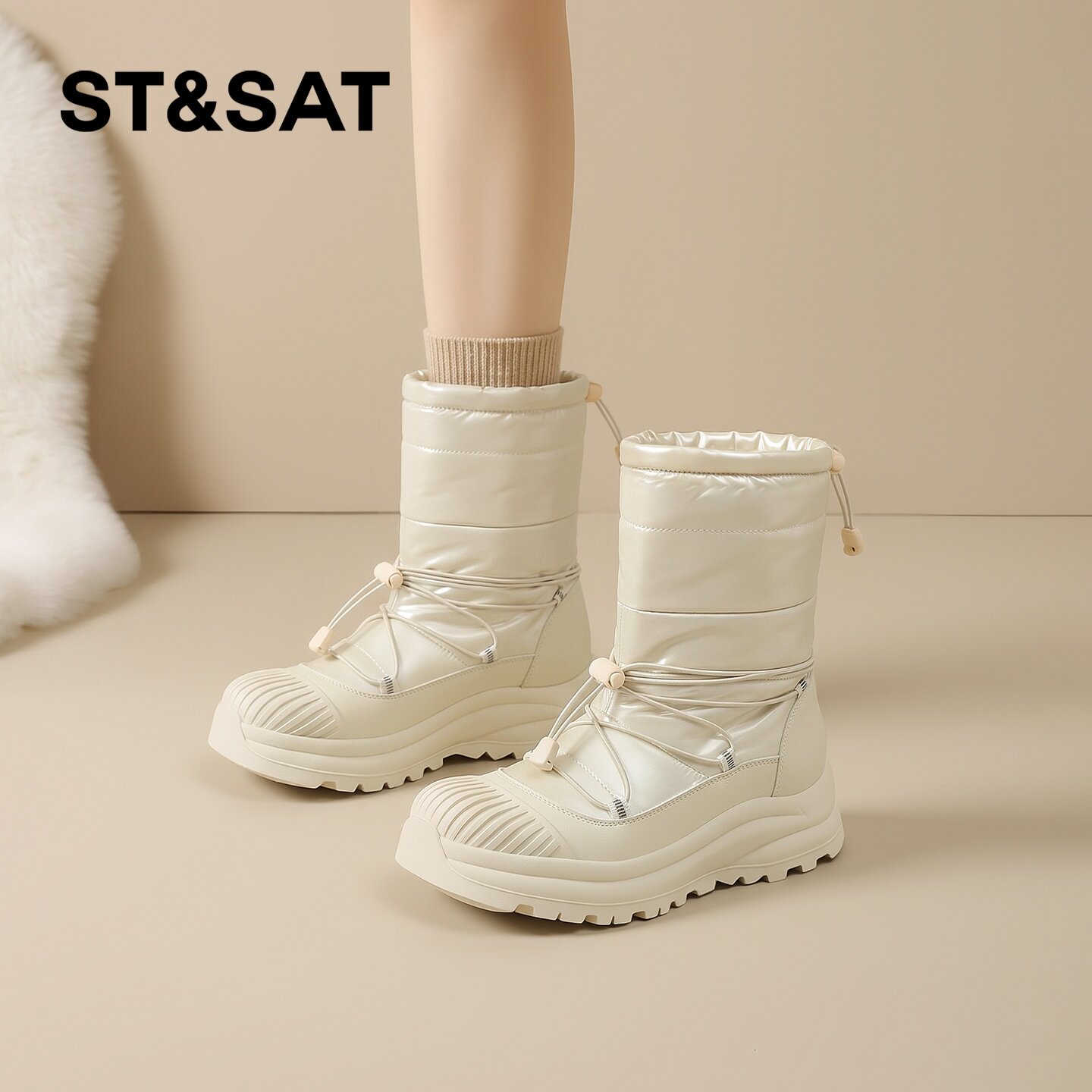 星期六女厚底加绒保暖滑雪地靴