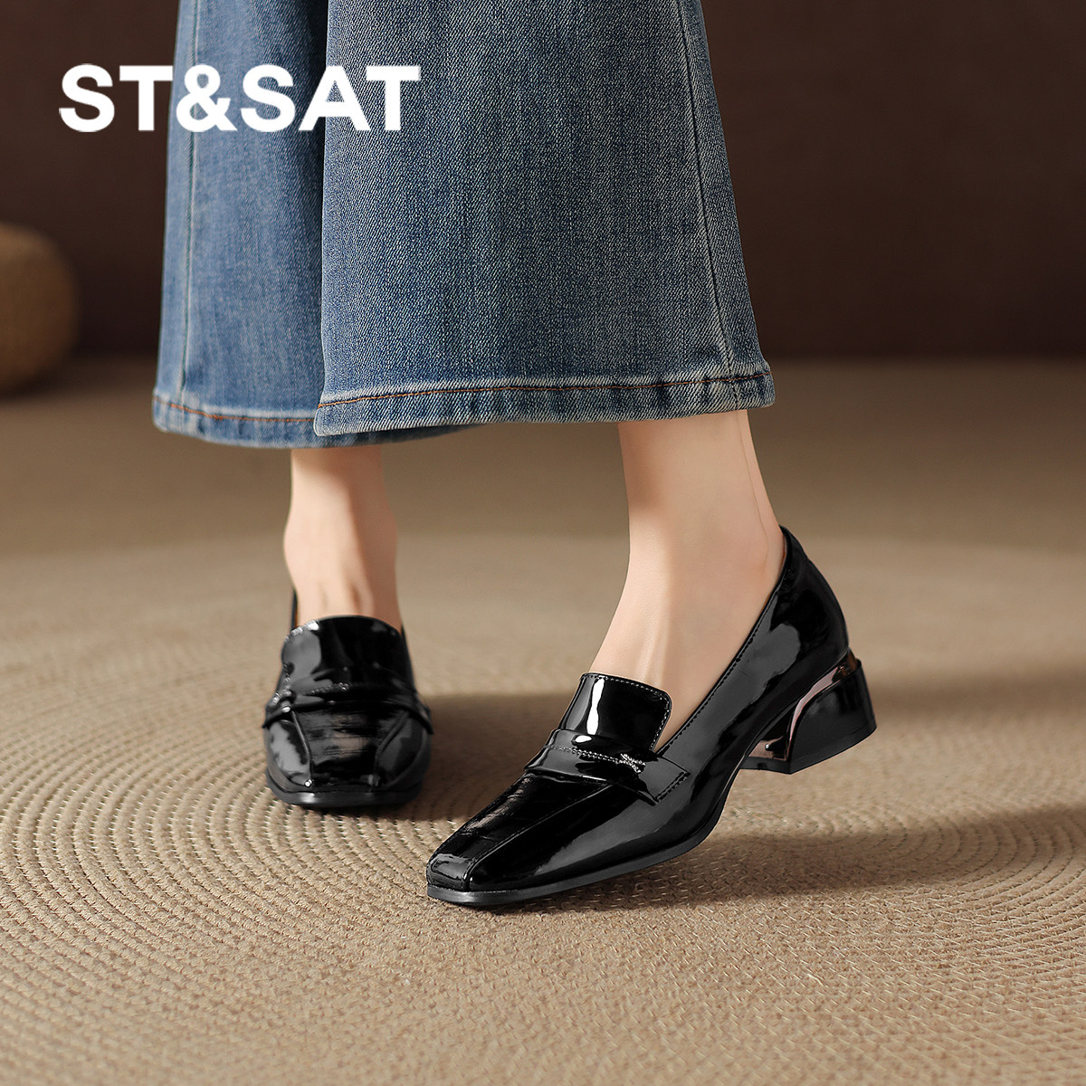 星期六真皮乐福鞋女款2026新款春季方头高跟鞋黑色英伦风通勤皮鞋