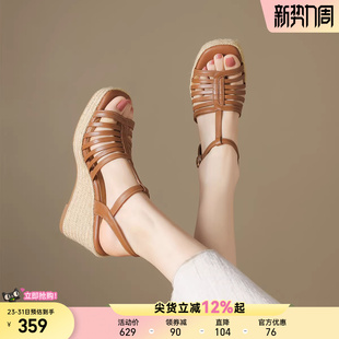 小个子高跟鞋 外穿坡跟凉鞋 女夏季 星期六编织一字带复古厚底罗马鞋