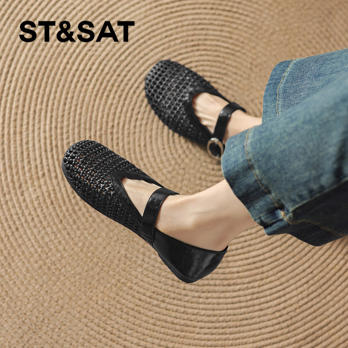 星期六平底单鞋女夏季新款法式玛丽珍女鞋配裙子编织镂空凉鞋