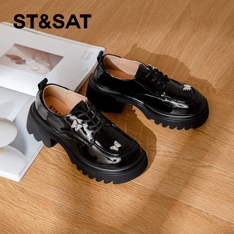 星期六法式配裙子小皮鞋女款新款春季厚底粗跟英伦乐福鞋黑色单鞋