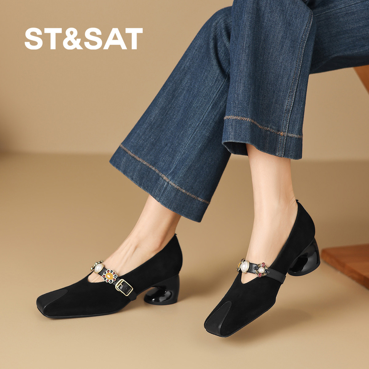 St&Sat/星期六法式复古磨砂皮方头粗跟玛丽珍鞋女金属扣一字带单,女鞋,乐福鞋（豆豆鞋）,淘宝优惠券,粉丝福利购,淘宝优惠卷