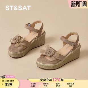 仙女风 简约夏季 星期六坡跟厚底配裙子花朵凉鞋 7cm高跟一字带女鞋