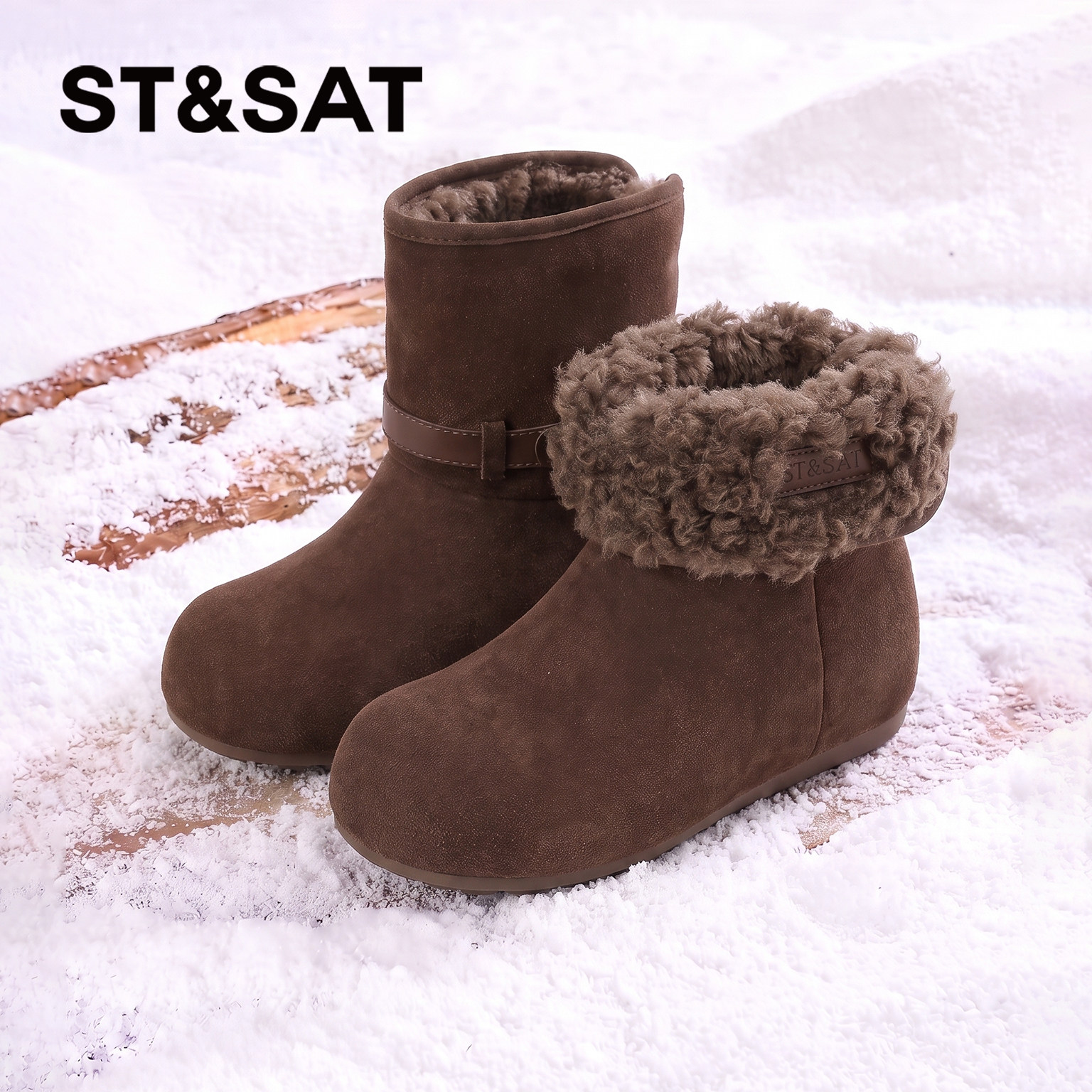 星期六女加绒可翻折一脚蹬雪地靴