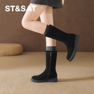星期六加绒中筒雪地靴女2025新款冬季厚底黑色棉靴保暖加厚长筒靴