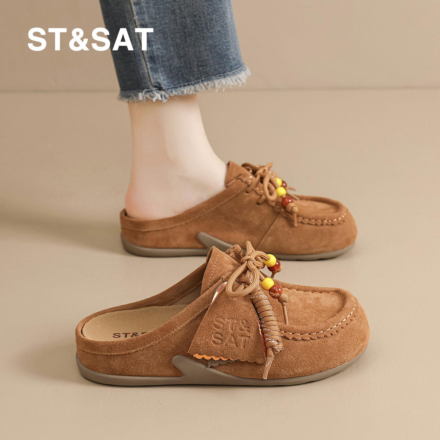 星期六牛皮包头勃肯鞋半拖外穿女2025新款秋懒人一脚蹬博肯穆勒鞋