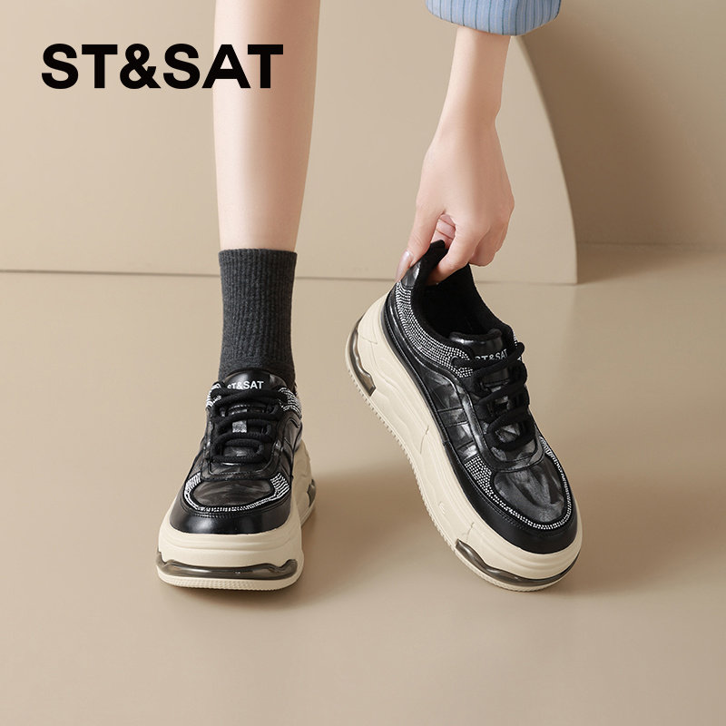 星期六黑色运动休闲鞋女款春季新款厚底松糕鞋软底增高百搭板鞋子