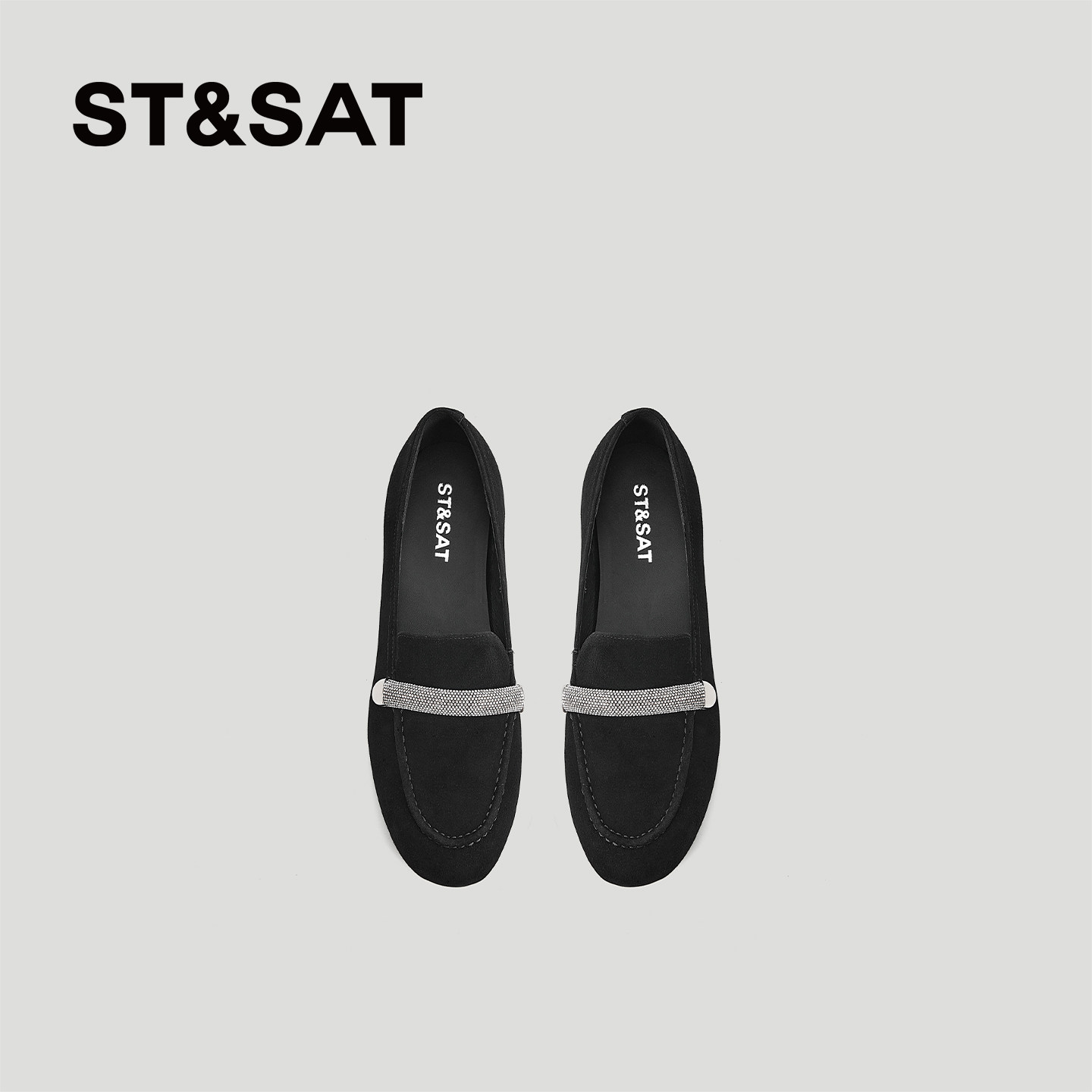 星期六黑色圆头水钻乐福鞋女2026秋冬新款百搭反绒皮休闲深口单鞋