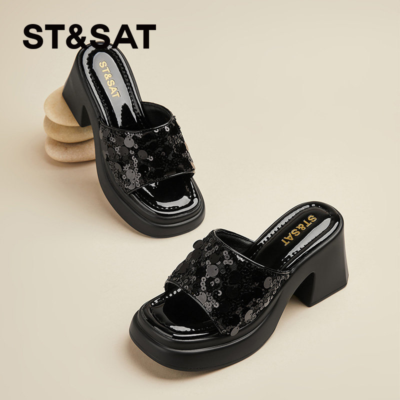 星期六高跟凉鞋女新款夏季露趾外穿一字凉鞋亮片显高仙女凉鞋