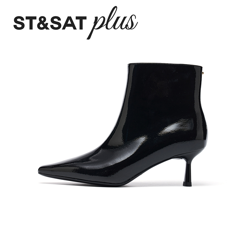 星期六马丁靴女2025冬季侧拉链黑色细跟短筒女靴百搭SSD4116582