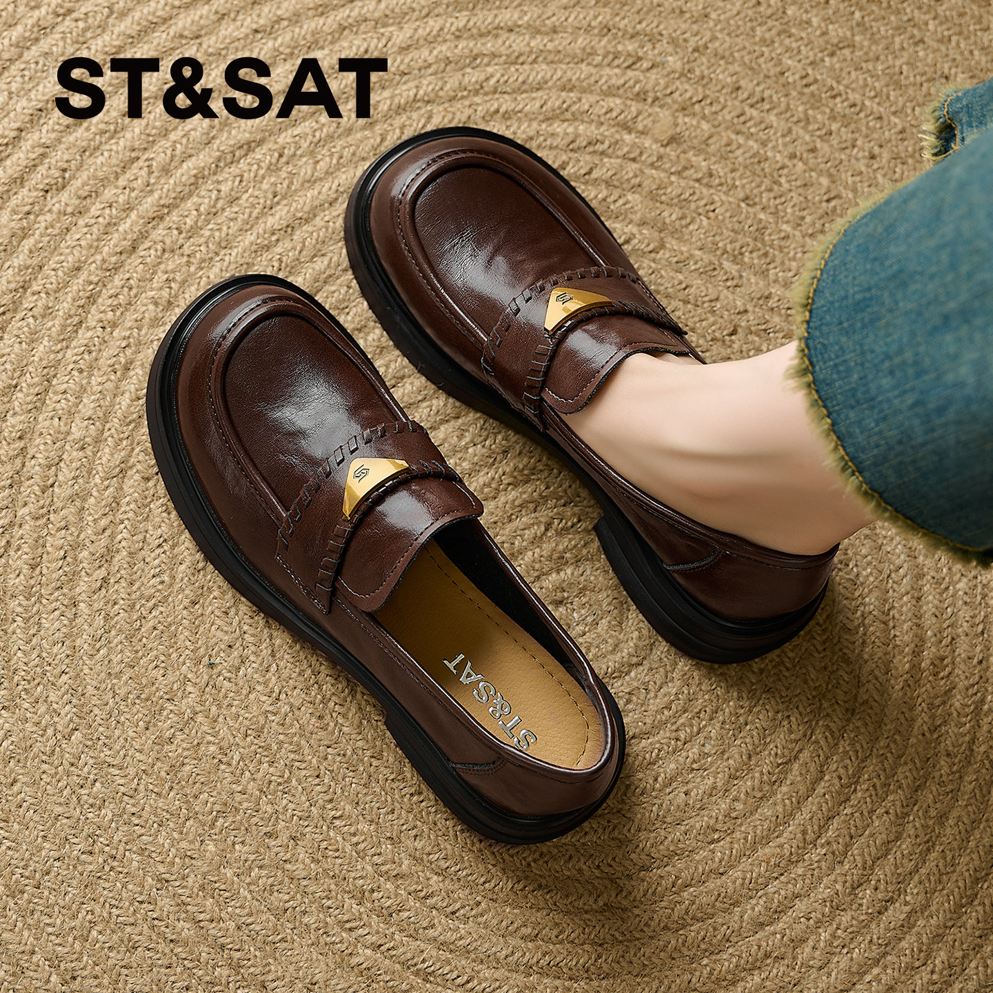 星期六厚底真皮复古乐福鞋女夏季粗跟显脚小英伦风配JK百搭小皮鞋