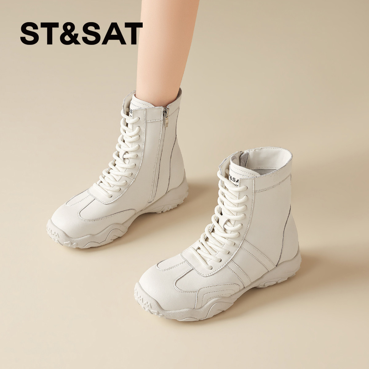 星期六真皮内增高白色马丁靴女