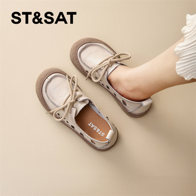 星期六真皮镂空休闲单鞋女款春季系带气质乐福鞋平底舒适通勤女鞋