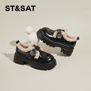 星期六软底毛毛鞋女2025新款冬季厚底加绒小皮鞋一脚蹬高跟乐福鞋