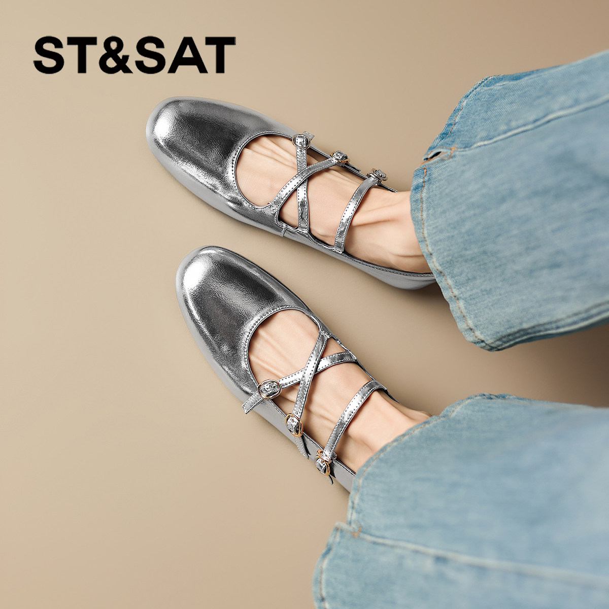 星期六法式玛丽珍小单鞋2026新款春季女款平底芭蕾皮鞋银色女鞋子