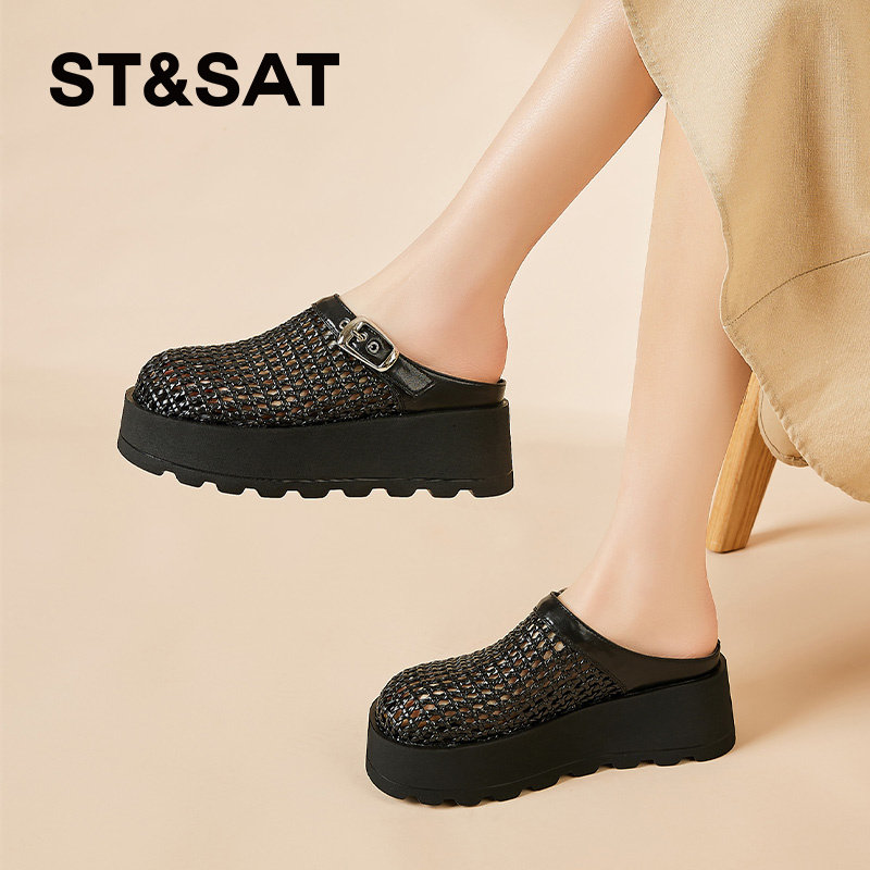 星期六黑色罗马凉鞋女新款夏季镂空透气编织厚底休闲外穿包头拖鞋