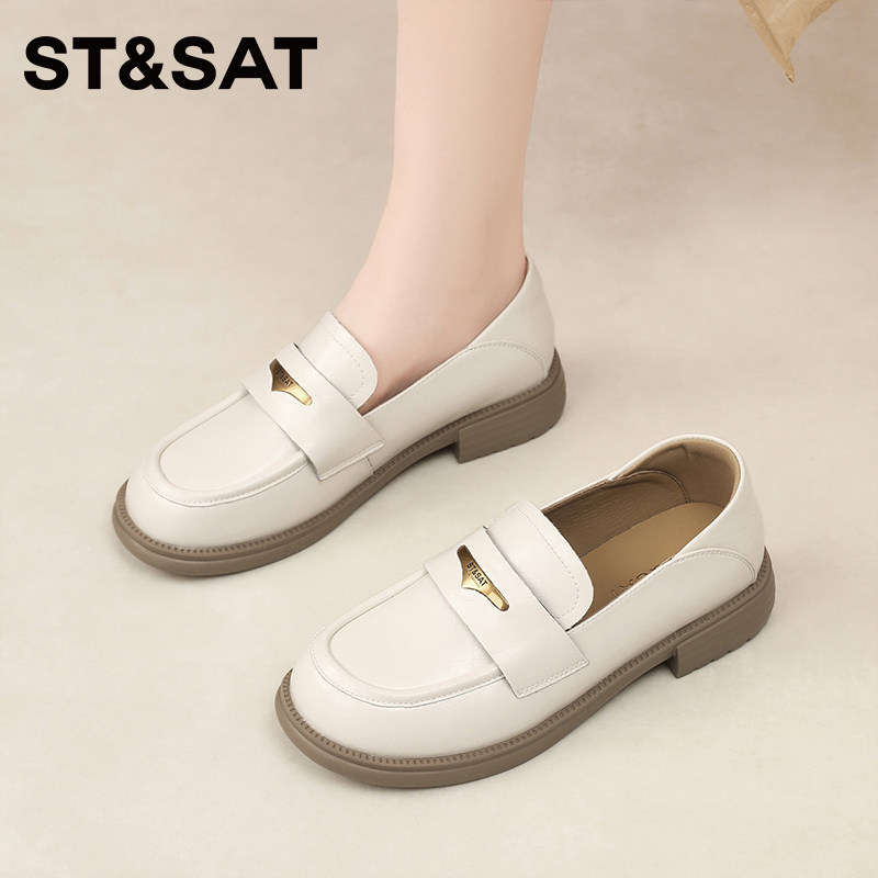 星期六2025白色乐福鞋女一脚蹬厚底小皮鞋学院风时尚休闲百搭单鞋