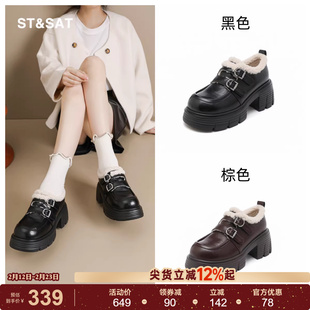 星期六高跟乐福鞋女款秋冬加绒保暖显高毛毛鞋配裙子JK制服小皮鞋