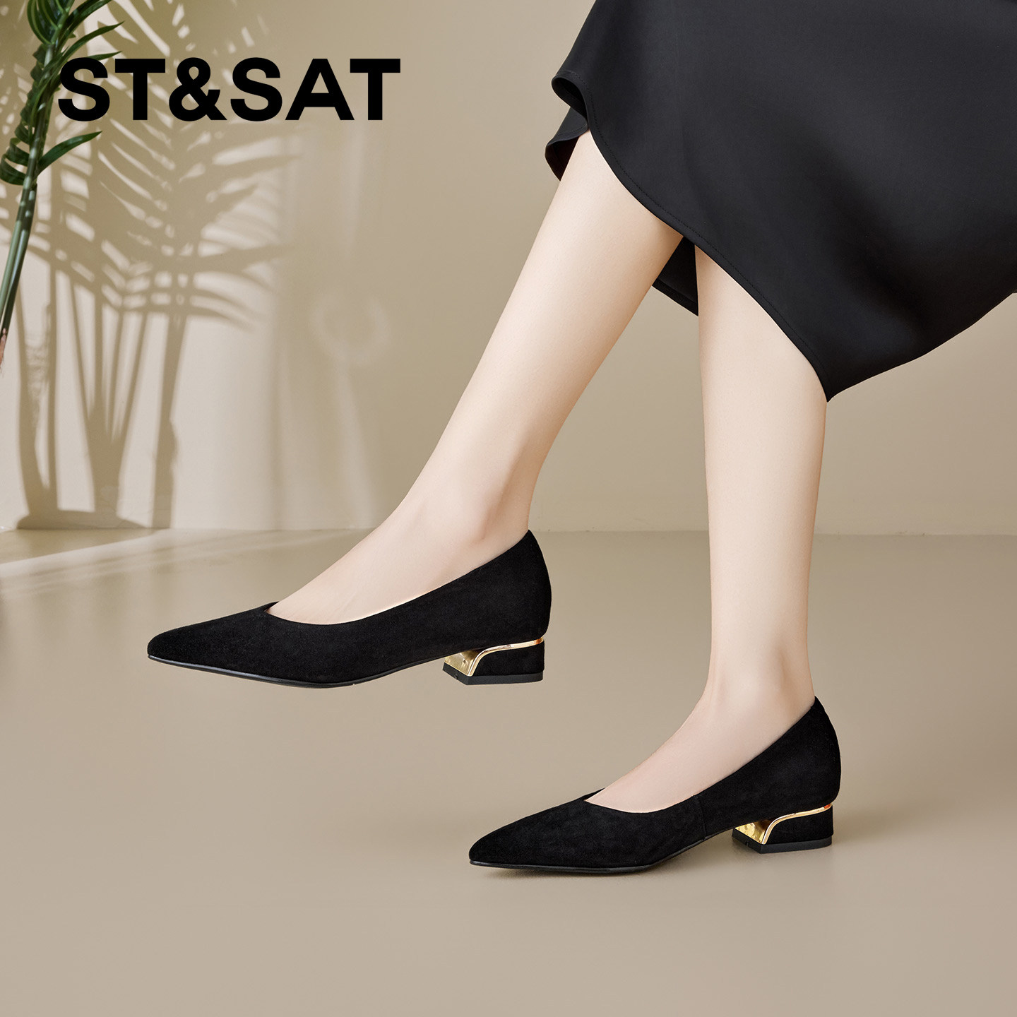 星期六黑色简约真皮绒面一脚蹬女2026年春季新款尖头粗跟浅口单鞋