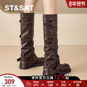 星期六棕色长筒靴女款 管高筒靴骑士靴 加绒加厚西部裤 2025冬季 新款