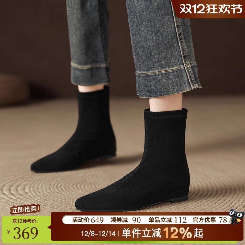 星期六黑色尖头短靴女2025新款秋冬靴子绒面平底弹力袜靴瘦瘦靴鞋