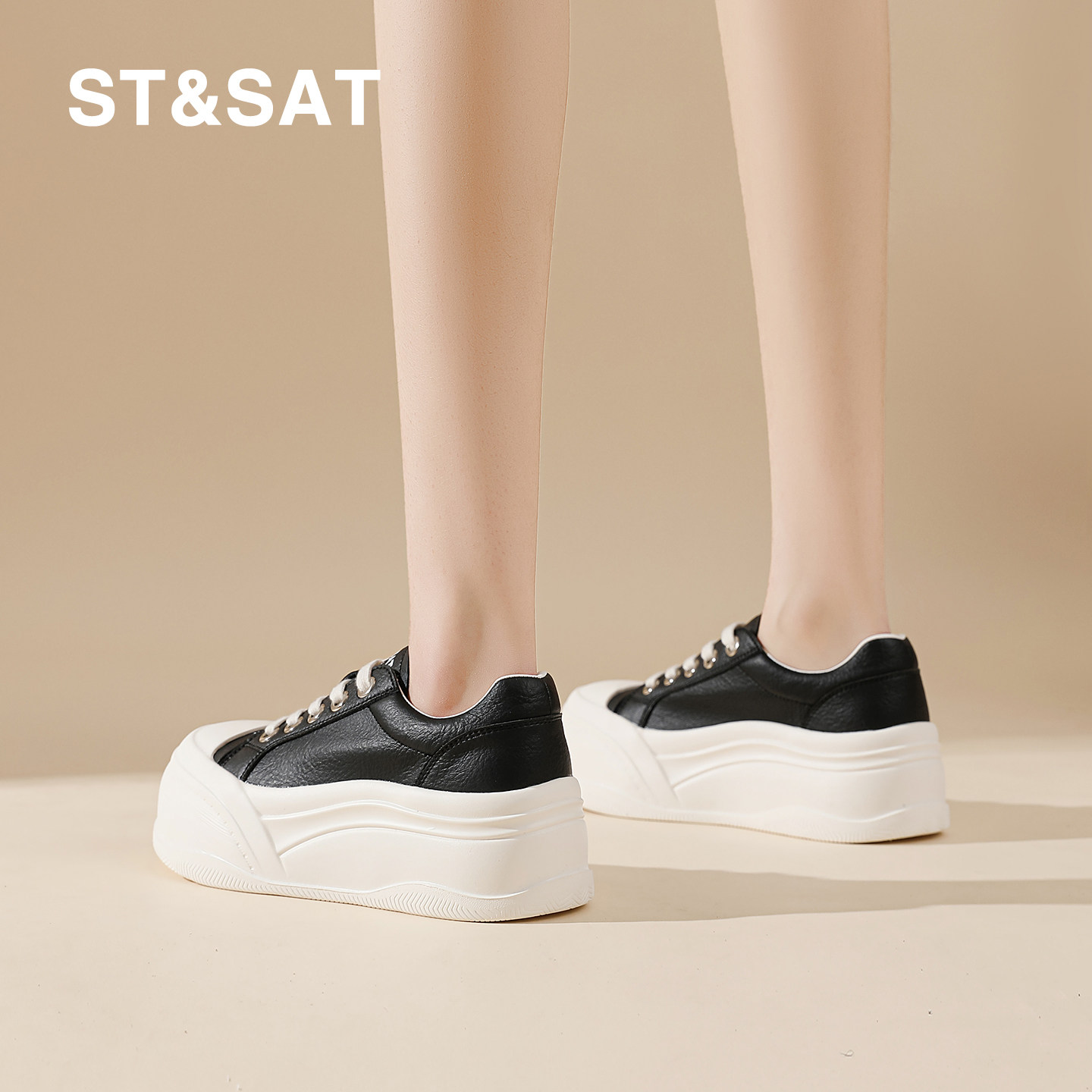星期六黑色厚底板鞋女春季新款系带小个子增高轻便百搭圆头休闲鞋