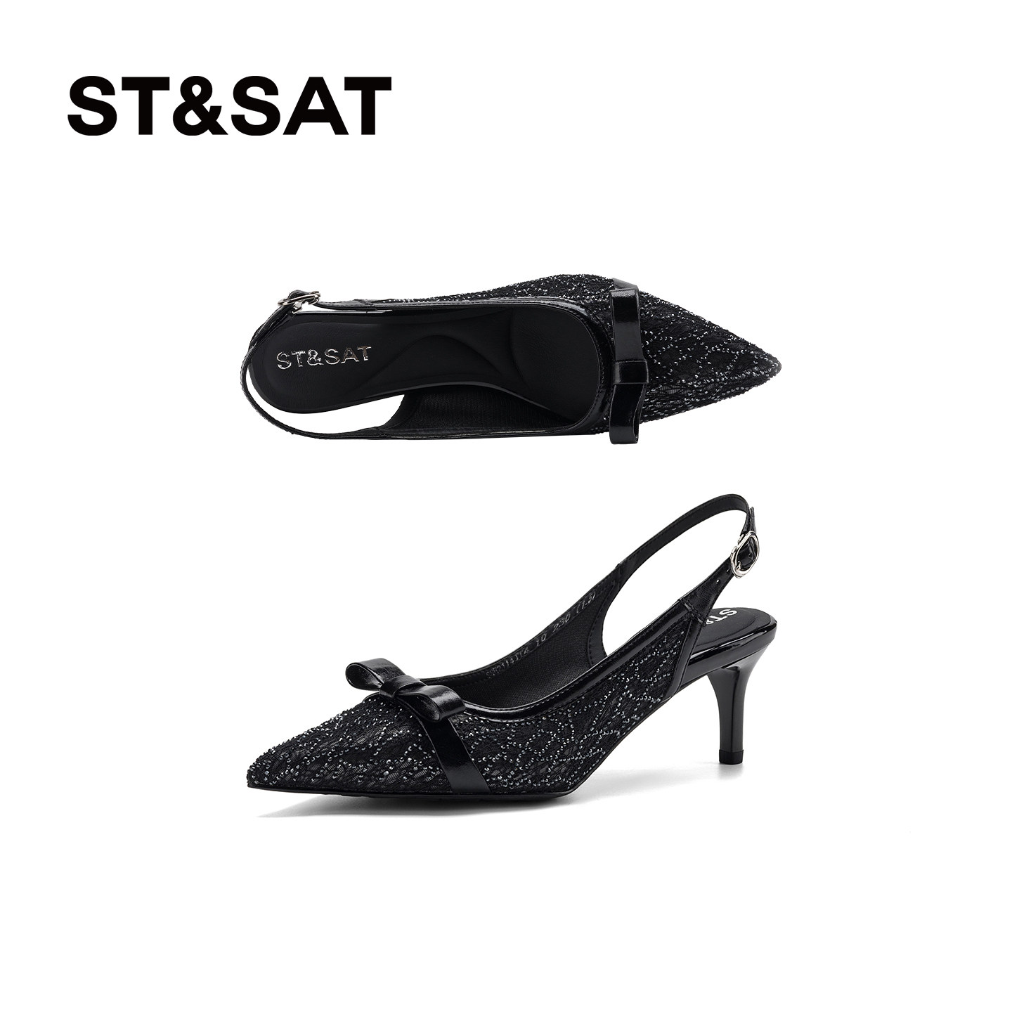 星期六尖头浅口包头凉鞋女蝴蝶结一字扣带细跟后空高跟鞋优雅通勤