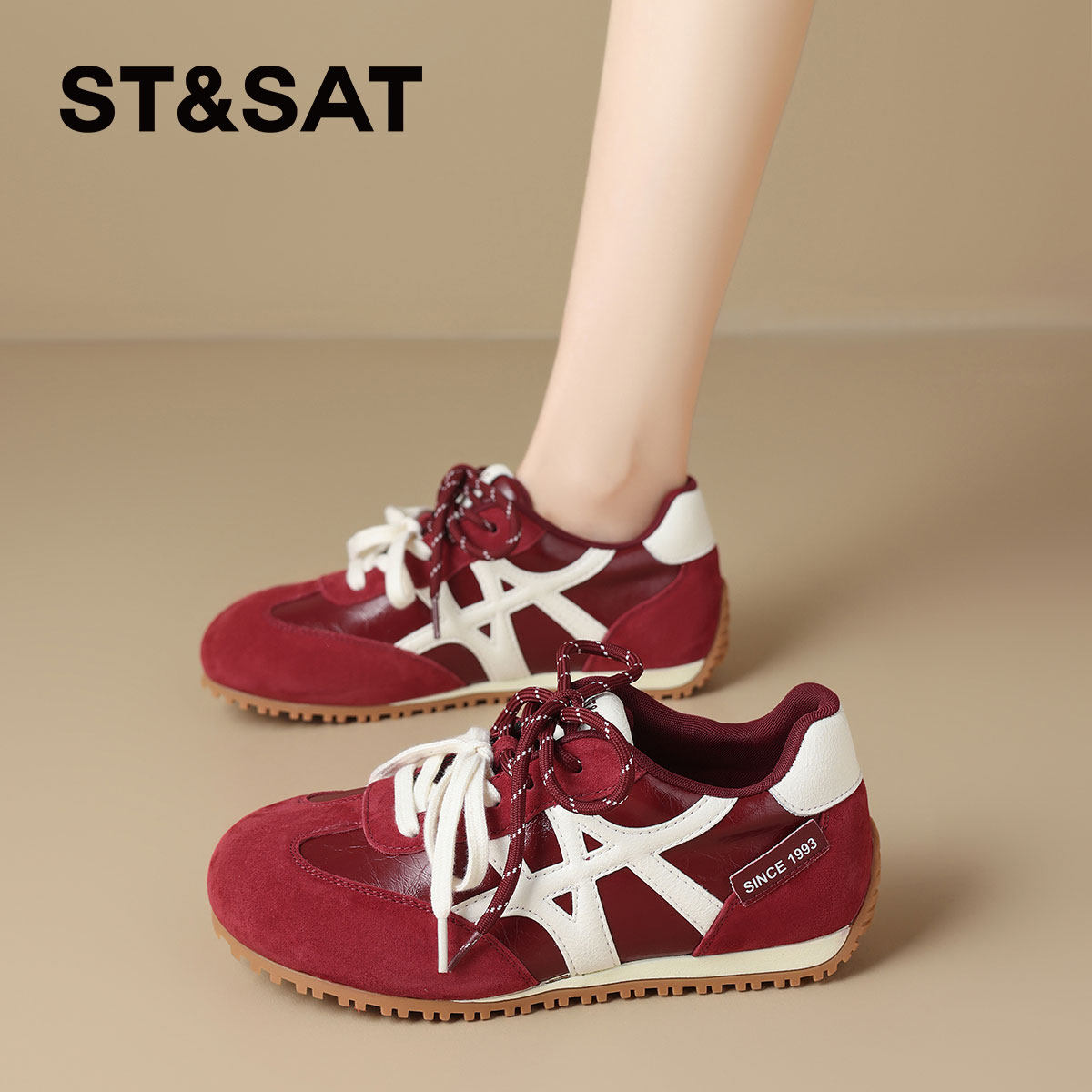 星期六真皮德训鞋女鞋红色女款鞋子爆款厚底增高运动鞋复古休闲鞋