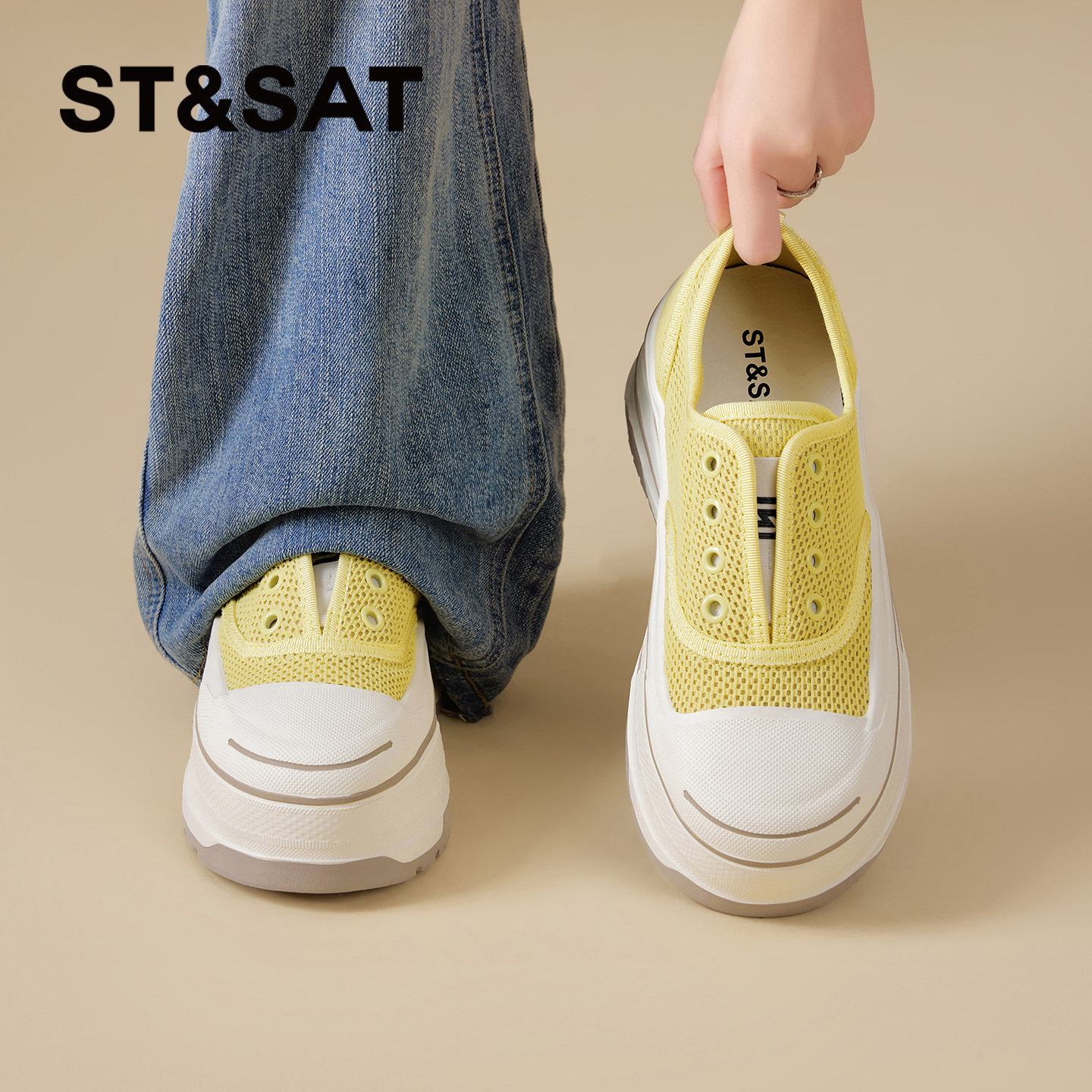 星期六黄色休闲板鞋女款2026新款夏季网面透气轻便百搭时尚休闲鞋